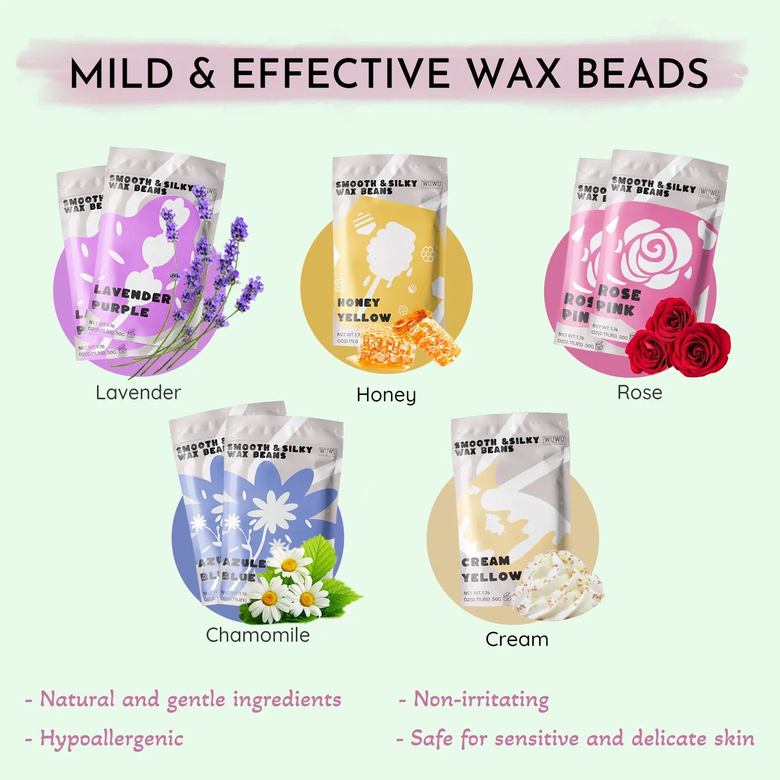 WUWUVISTA 63-piece waxing kit with black wax warmer, wax beads, application sticks, and post-epilation lotion
