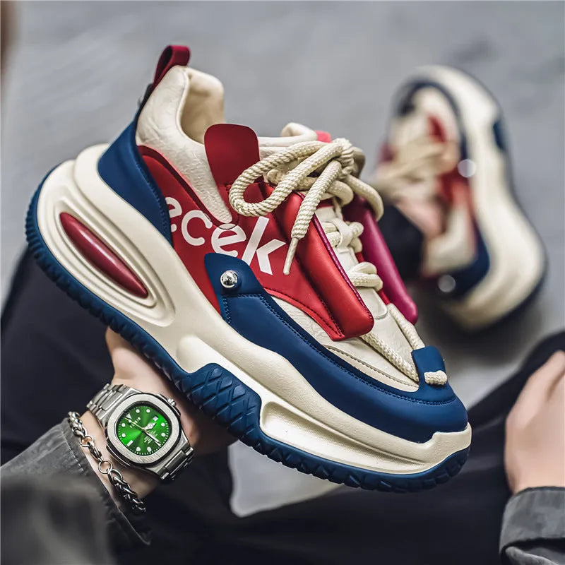 Men's casual sports waterproof dad shoes in solid colour with leather stitching, low-top round toe, platform heel, sizes 39-44