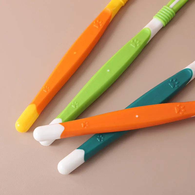 Pet toothbrush oral cleaning product with plastic handle and nylon bristles in assorted colours