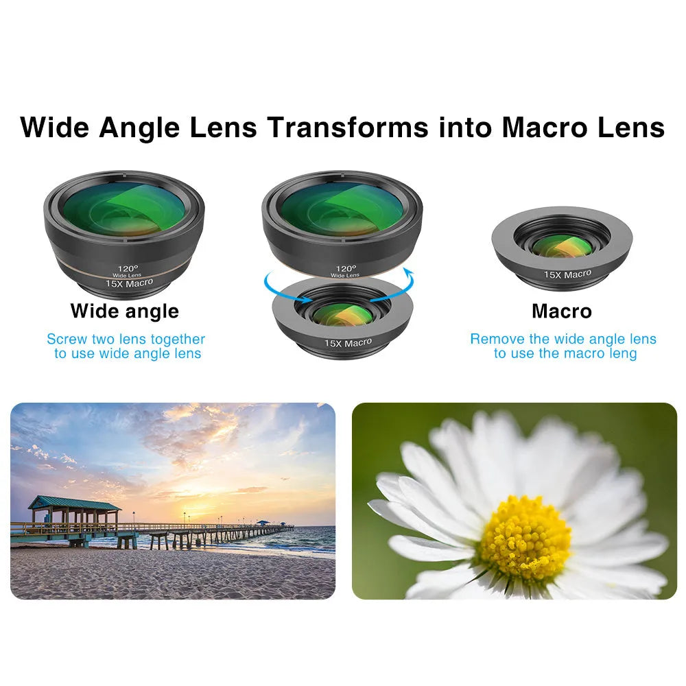 6 in 1 smartphone camera lens kit with fisheye, wide angle, macro and telephoto lenses in black aluminium housings