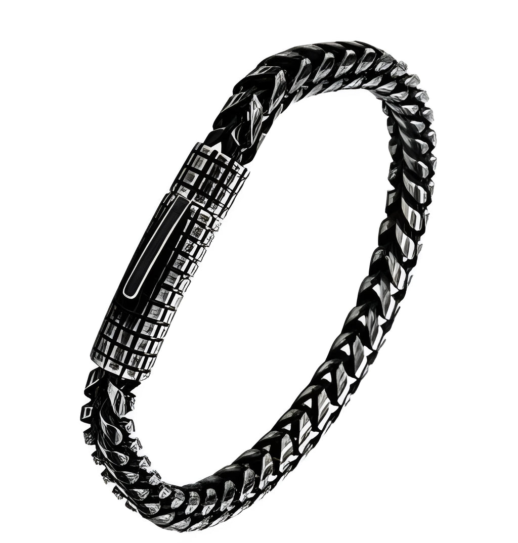 Custom stainless steel vintage mens bracelet with retro colour finish, 22.3 cm length, 30 g weight, on neutral background