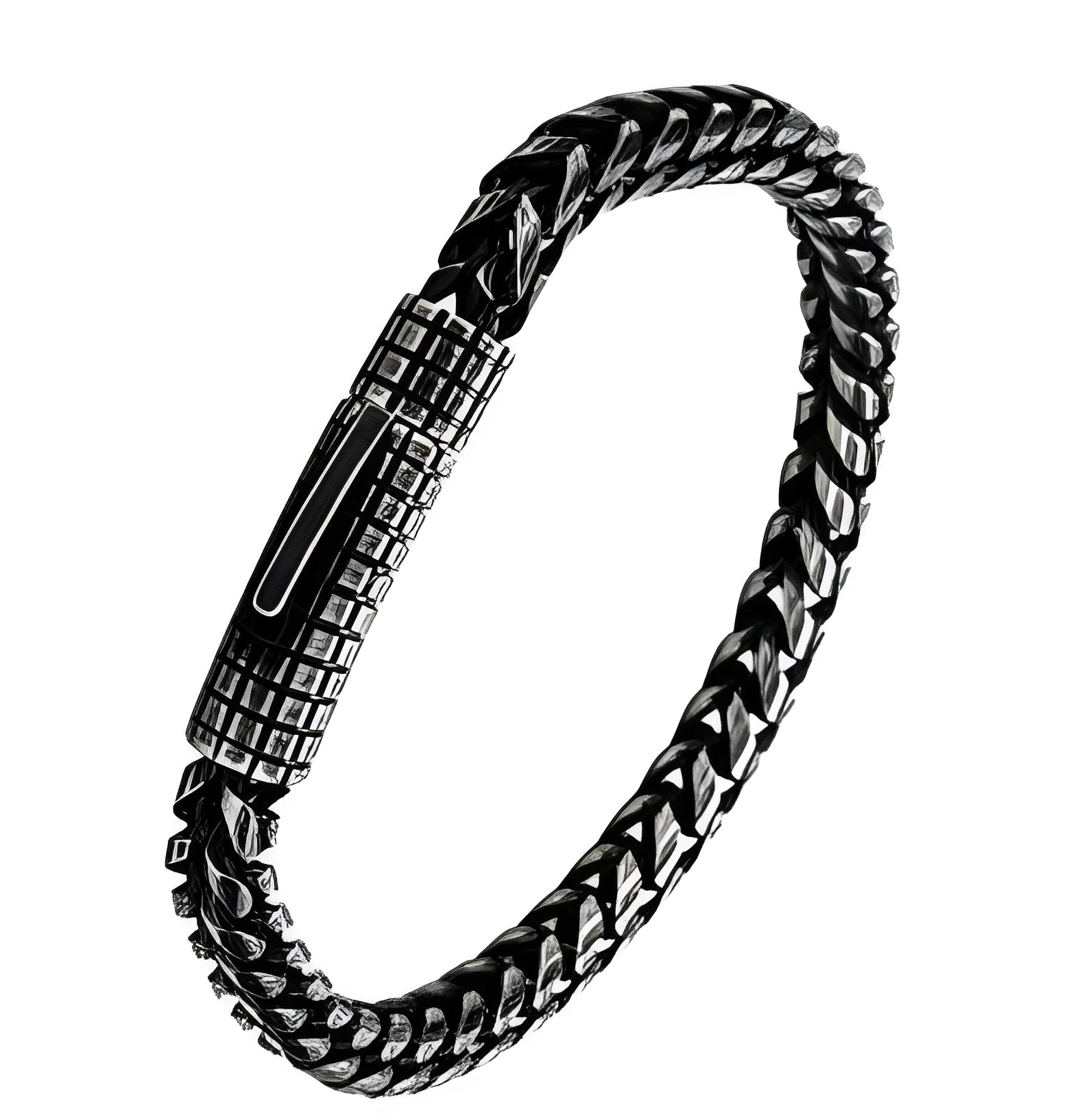 Custom stainless steel vintage mens bracelet with retro colour finish, 22.3 cm length, 30 g weight, on neutral background
