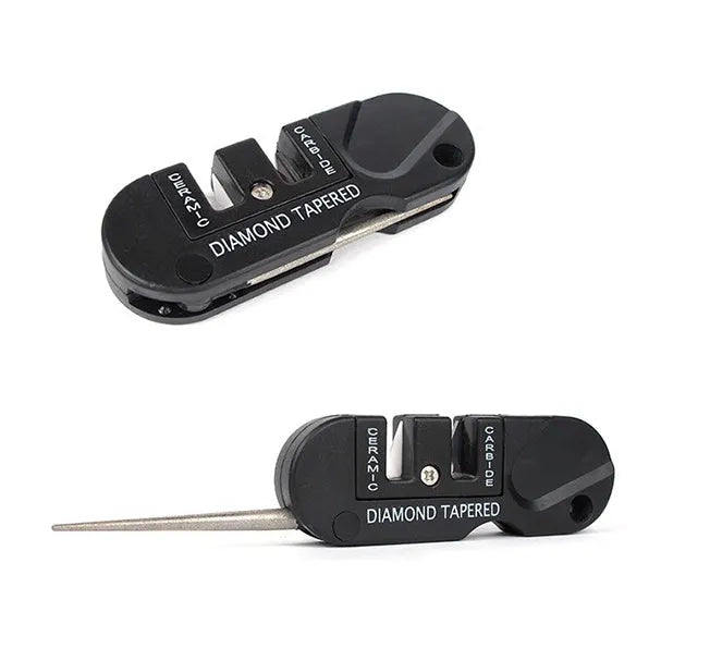 Pocket Pal knife sharpener in black with diamond rod, carbide blades, and ceramic stones open for use