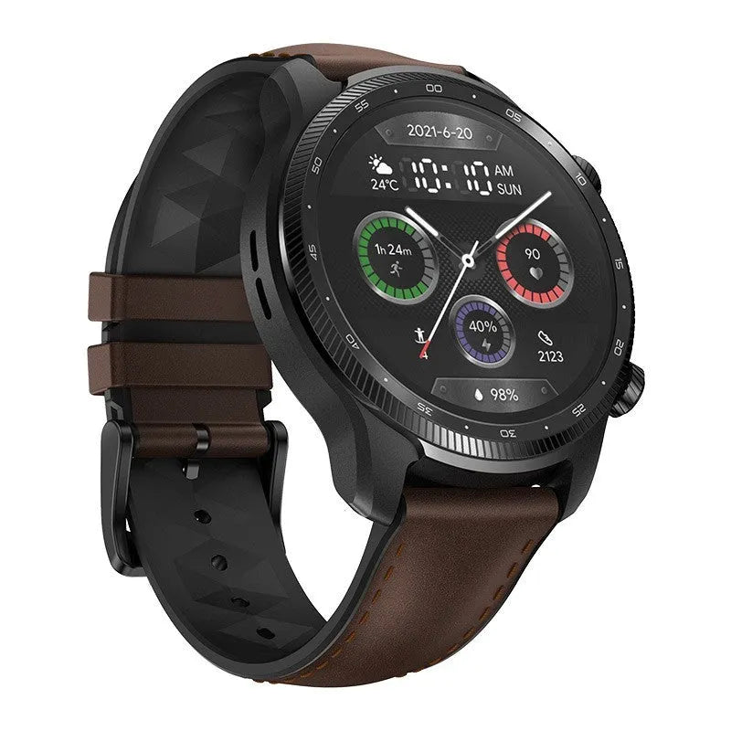 Ticwatch Pro X black smartwatch on wrist showing dual-layer display with time and heart rate.