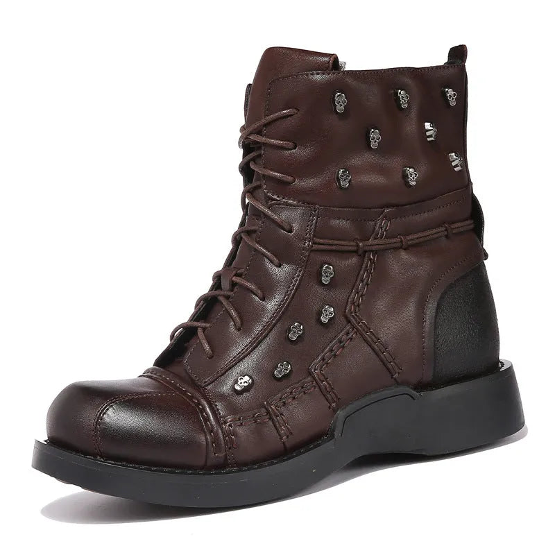 British personalized punk Martin boots for men in black first layer cowhide leather solid colour