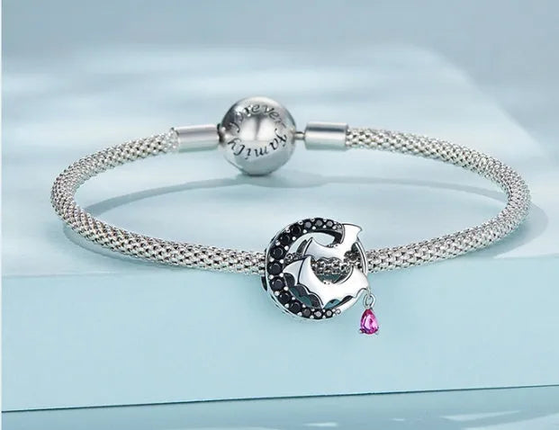 925 silver black zircon moon bead with drip oil finish approximately 1.6 by 1.3 centimetres