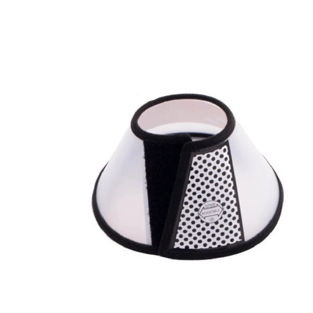 Transparent PP pet cleaning ring collar with adjustable Velcro, shown in size options for neck circumference 9-46cm.