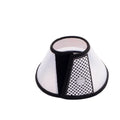 Transparent PP pet cleaning ring collar with adjustable Velcro, shown in size options for neck circumference 9-46cm.