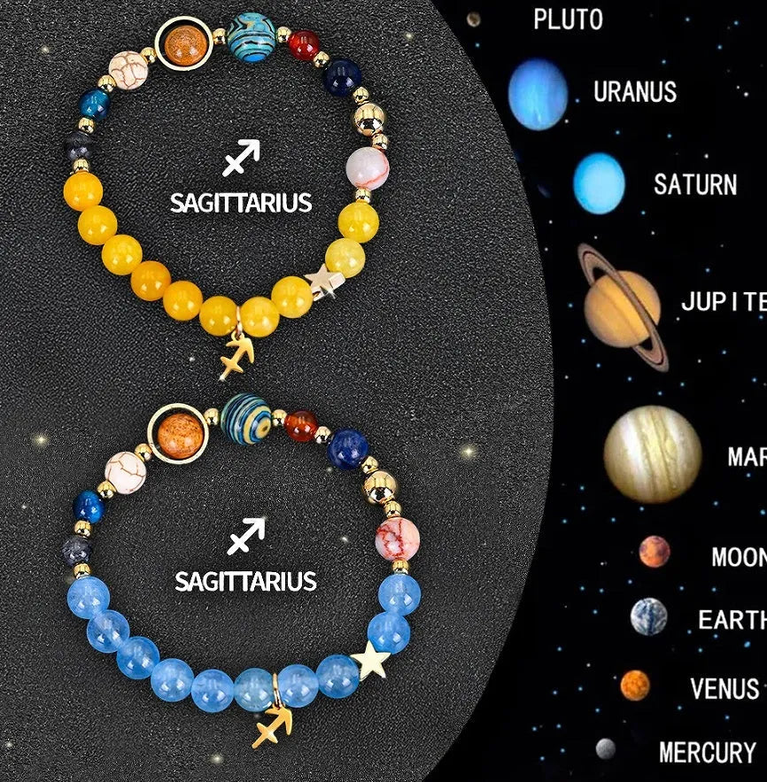 Two natural stone beaded bracelets for zodiac signs, hand-strung on a cord.