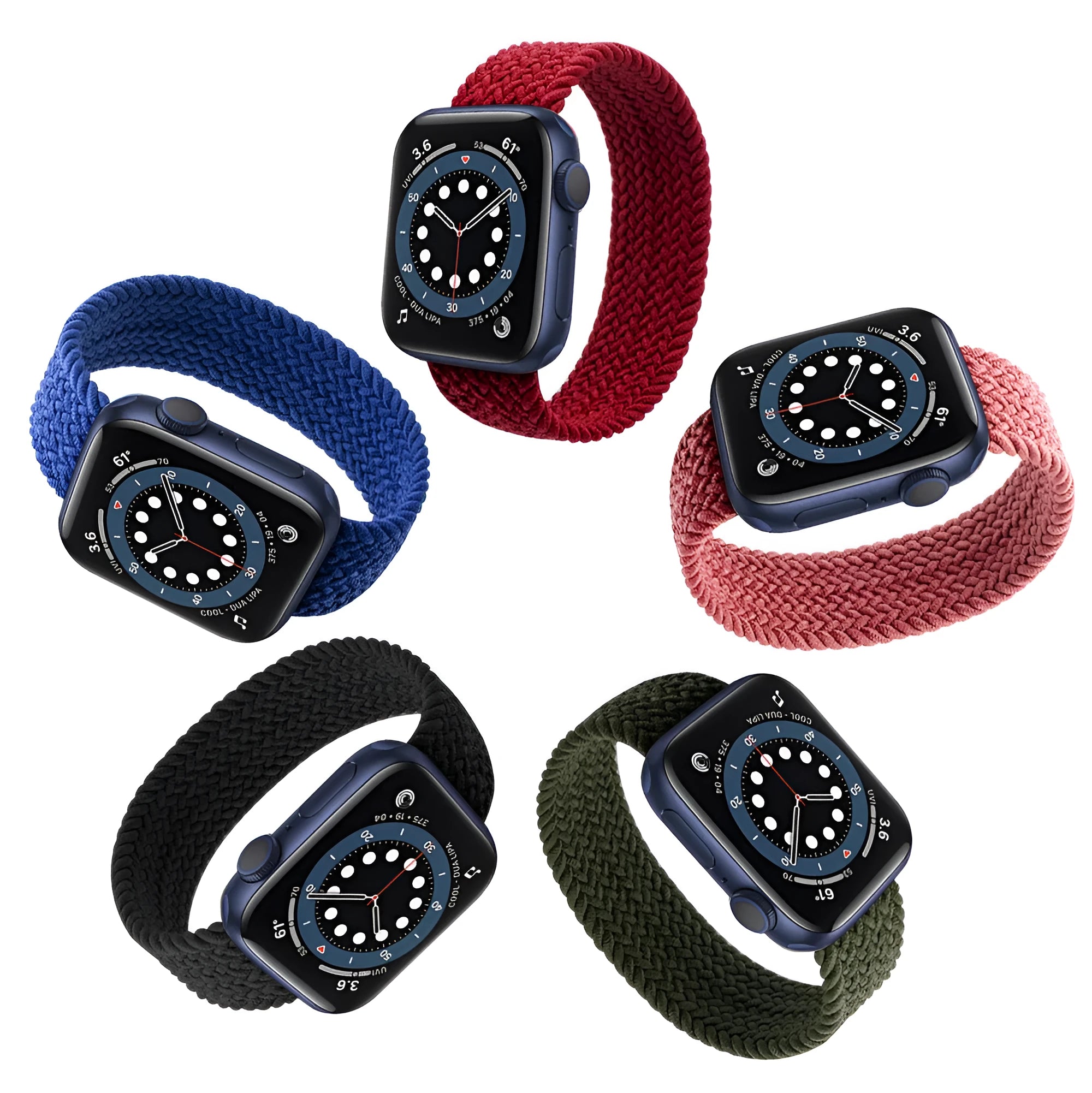 Apple Watch compatible woven nylon strap with plastic head in red, pink, blue, army green, black.