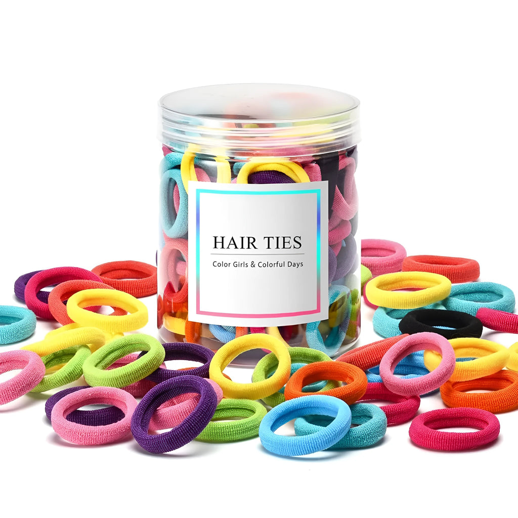 Small jar containing 100 multicoloured seamless cotton hair elastics for babies and toddlers.