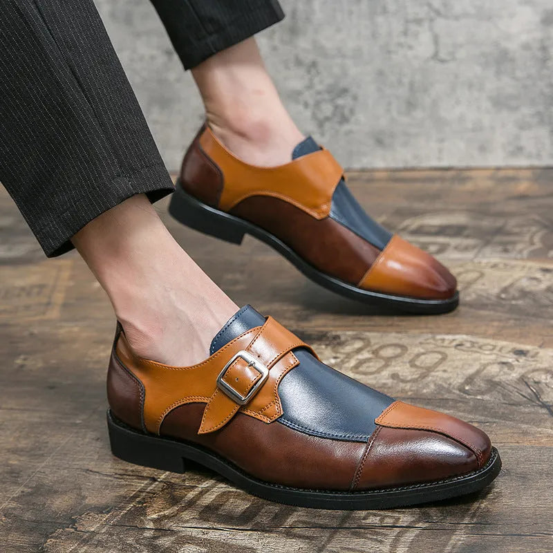 Men's brown blue retro buckle casual leather shoes with tall crown design
