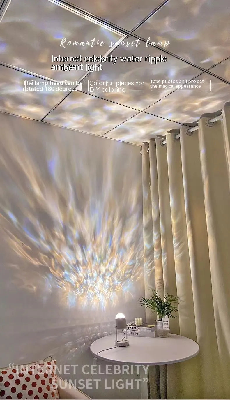 Dynamic water ripple ambience table lamp for ceiling or desktop use with metal holder.