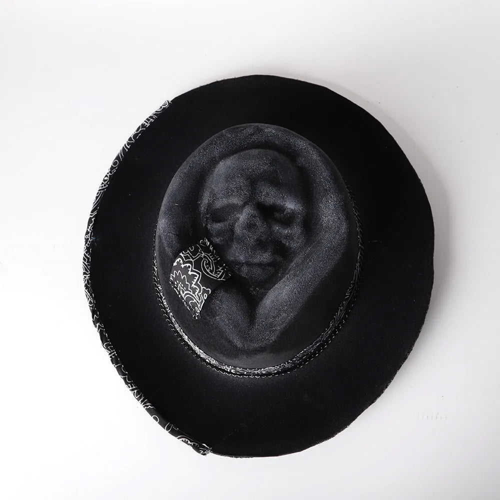 Handmade wool felt denim Halloween skull hat with conical crown in skull design