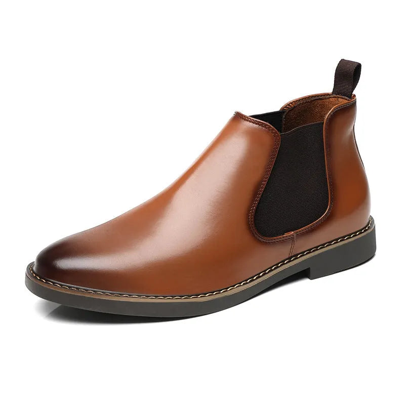 Men's black formal leather ankle boots with a pointed toe and square rubber sole.