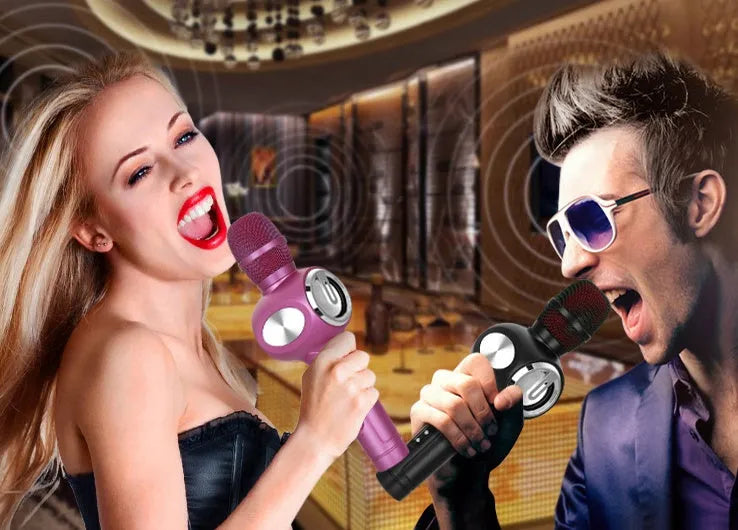 Yaerjia E108 black portable karaoke microphone with built-in speakers and echo effects