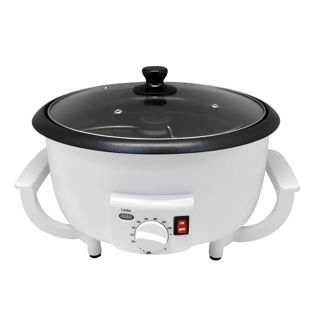White oblate coffee bean roasting machine with 225mm base for home use.