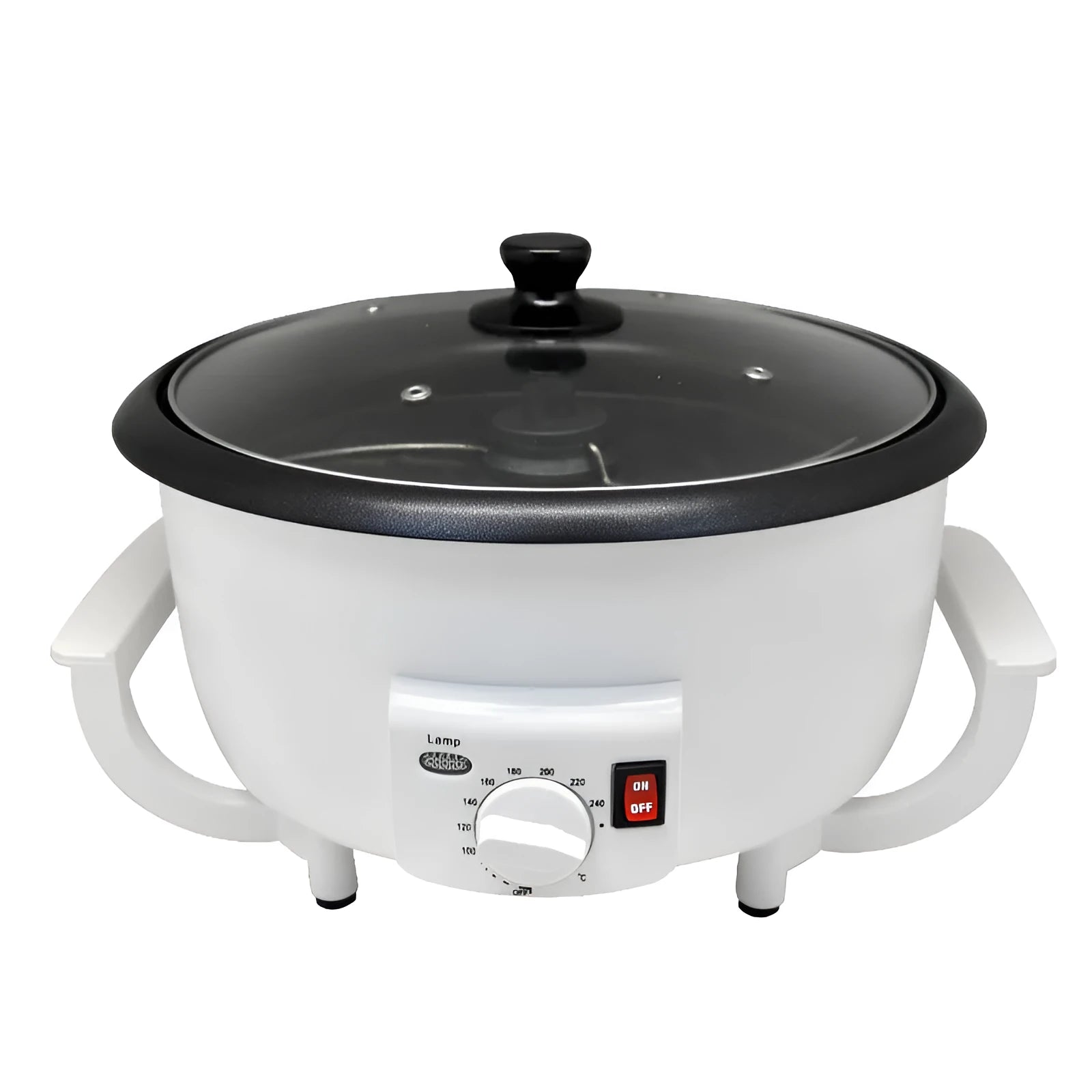 White oblate coffee bean roasting machine with 225mm base for home use.