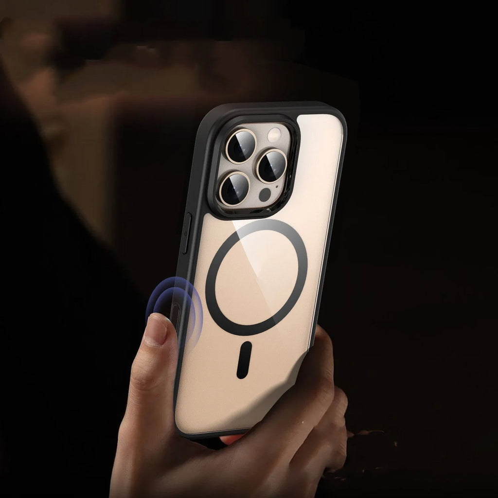 Transparent magnetic iPhone 16 case showing MagSafe compatibility and drop-resistant construction