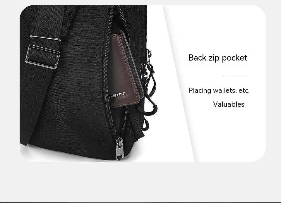 Black camouflage chest bag with single shoulder strap showing waterproof TPU construction and mobile phone compartment