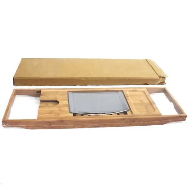 Natural bamboo bathtub caddy frame for organising shampoo and soap on a bathroom desktop.