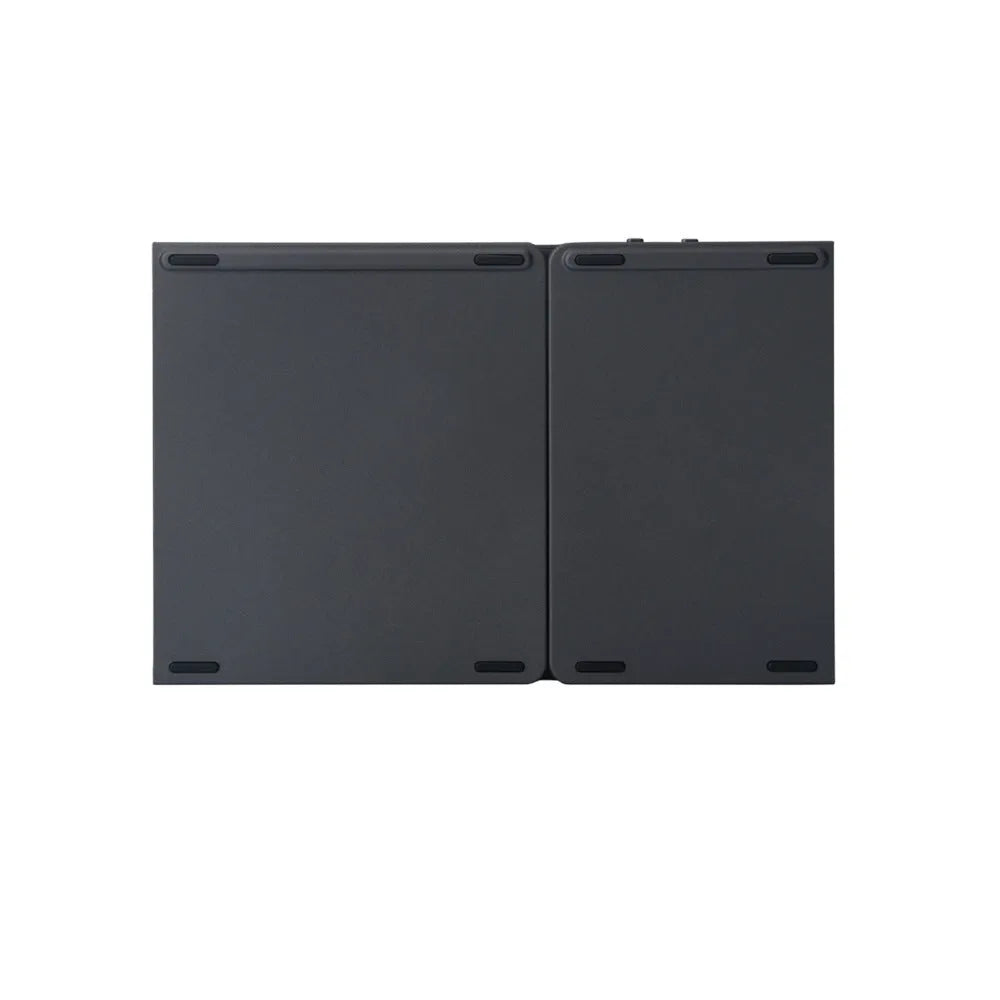 Tri-fold folding Bluetooth keyboard shown both open and closed, with integrated touchpad