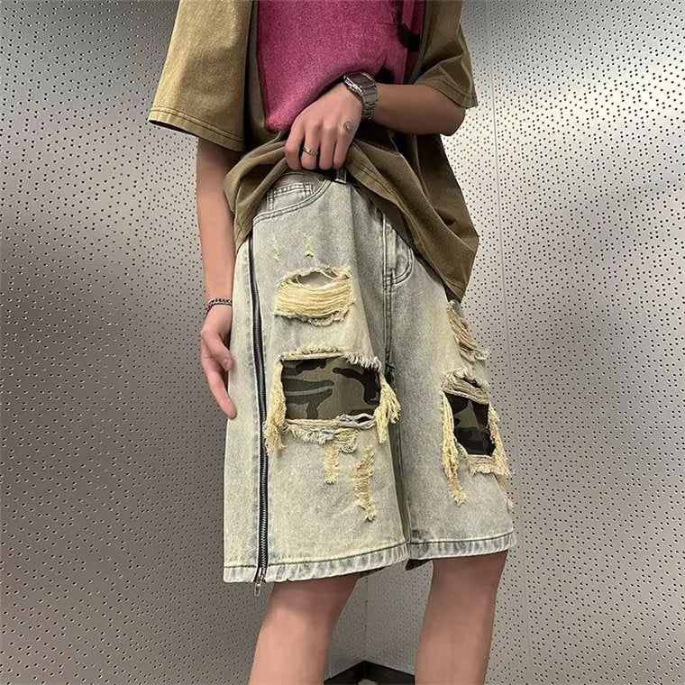 Men's yellow mud camouflage denim shorts with ripped detailing and straight cut Korean style design