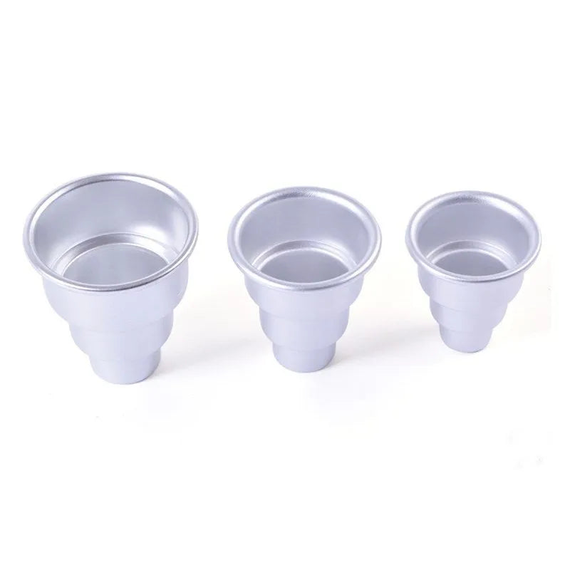Set of three silver aluminium alloy cake moulds in large, medium, and small sizes for layered desserts.