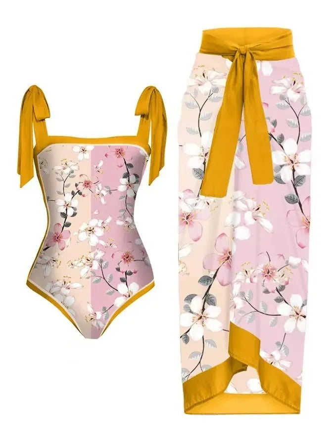 Women's printed floral two-piece chiffon swimsuit with hip skirt for swimming