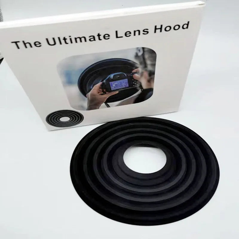 Black anti reflective silicone lens cover for SLR cameras, round shape about 21cm diameter, silica gel material for glare reduction