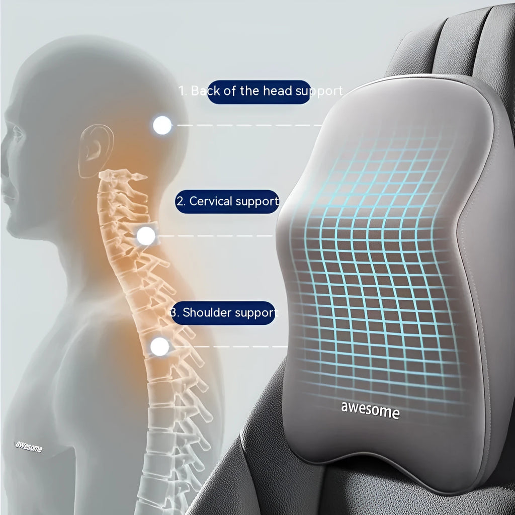 Memory foam car headrest pillow and lumbar support cushion set in black, grey, blue, and pink colour options.