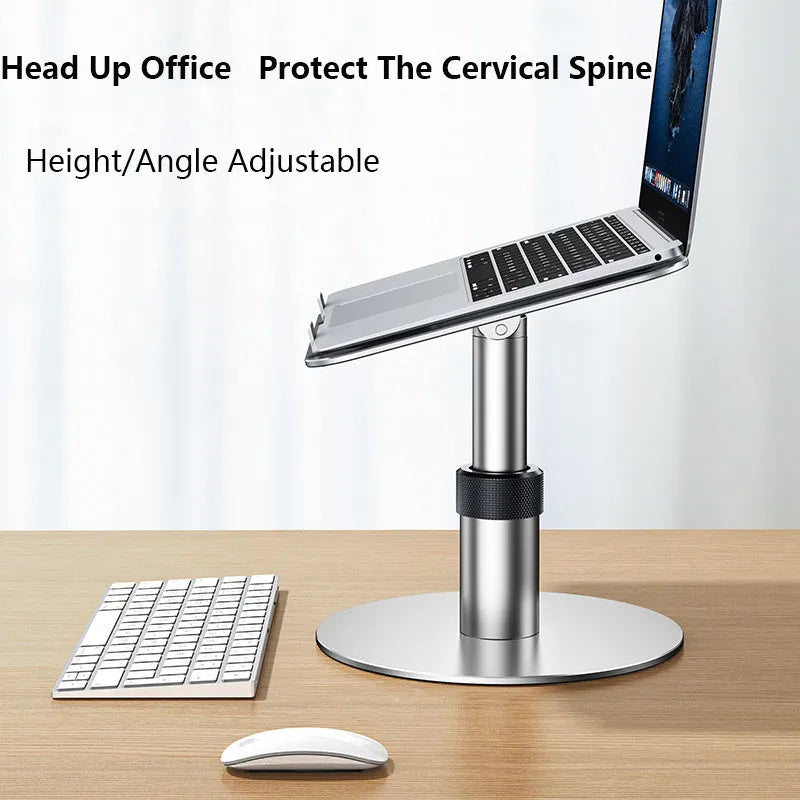 Adjustable silver aluminium car laptop stand with height settings and non-slip pads on a car seat.