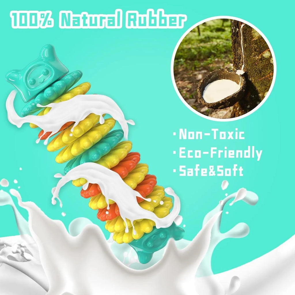 Blue natural rubber caterpillar-shaped dog chew toy on a white background.
