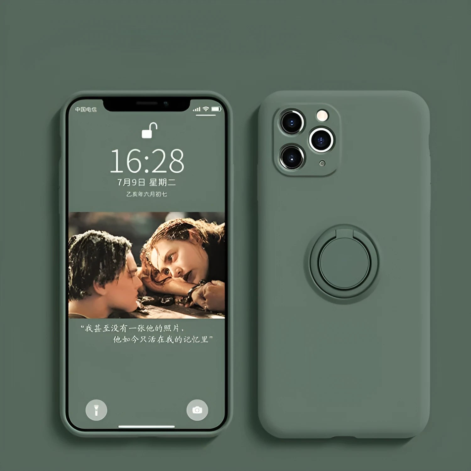 Liquid silicone iPhone case with a built-in ring bracket shown in multiple colour options.
