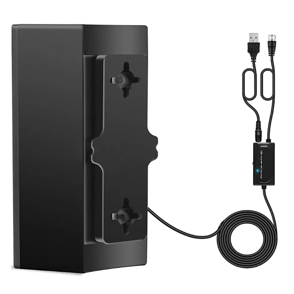Black plastic HD digital television antenna measuring 18x16x7cm with mounting accessories