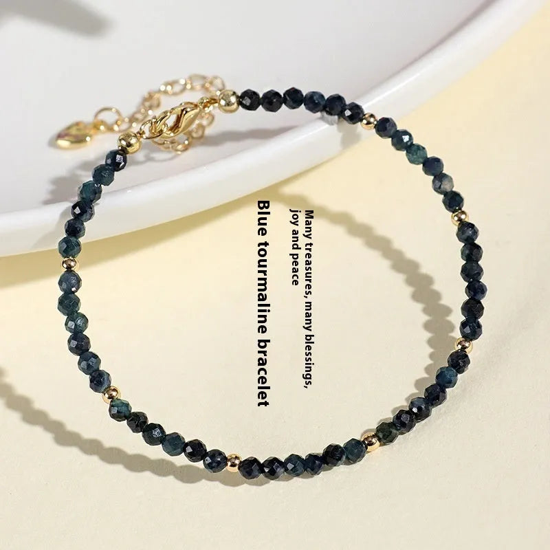 3mm blue tourmaline gemstone spacer bead bracelet for women