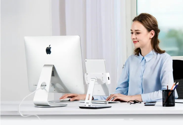 Folding aluminium phone and tablet holder with 360-degree rotating base