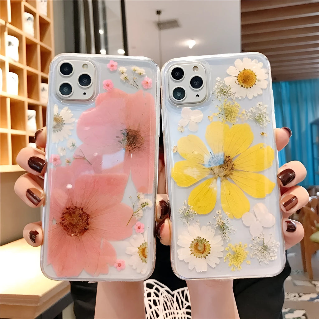 Pink and yellow floral patterned TPU iPhone case showing large flower design on back cover