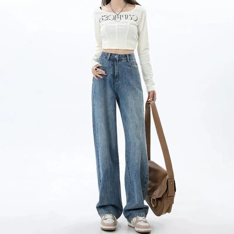 Women's retro blue wide leg jeans with high waist and straight cut design