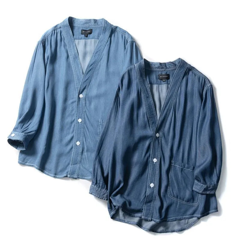 Men's loose V-neck denim coat with three-quarter sleeves in dark blue polyester