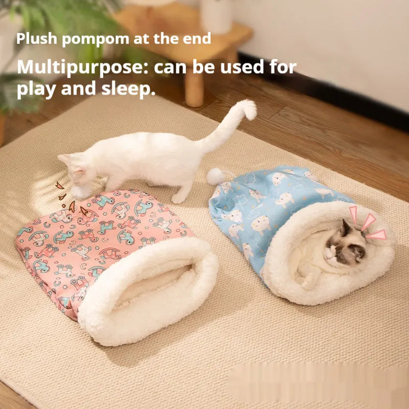 Blue rabbit pattern flannel cat sleeping bag nest measuring 50 by 40 centimetres.