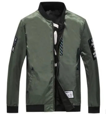 Reversible men's thin flight jacket in black with striped pattern, shown with zip front and collarless design.