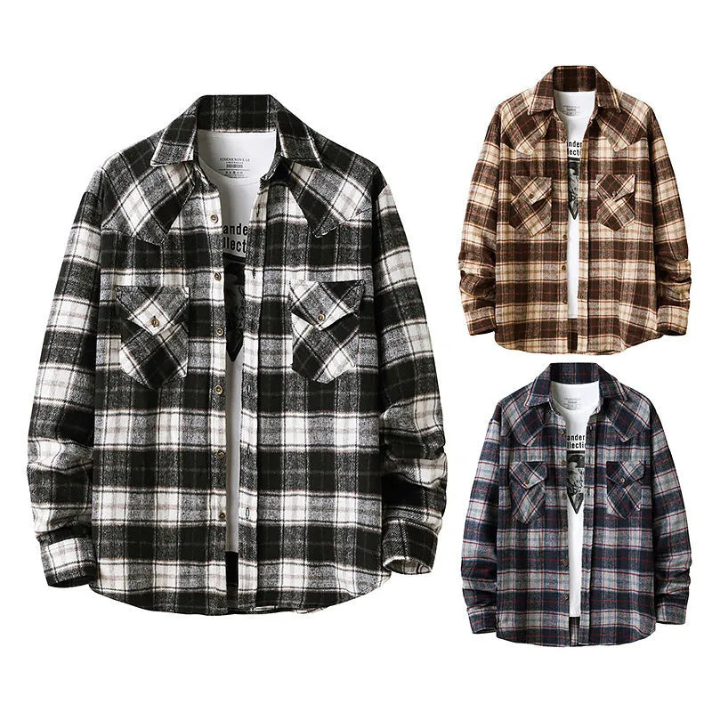 Men's long sleeve flannel plaid shirt jacket in black with corduroy lined cuffs and collar, soft brushed fabric