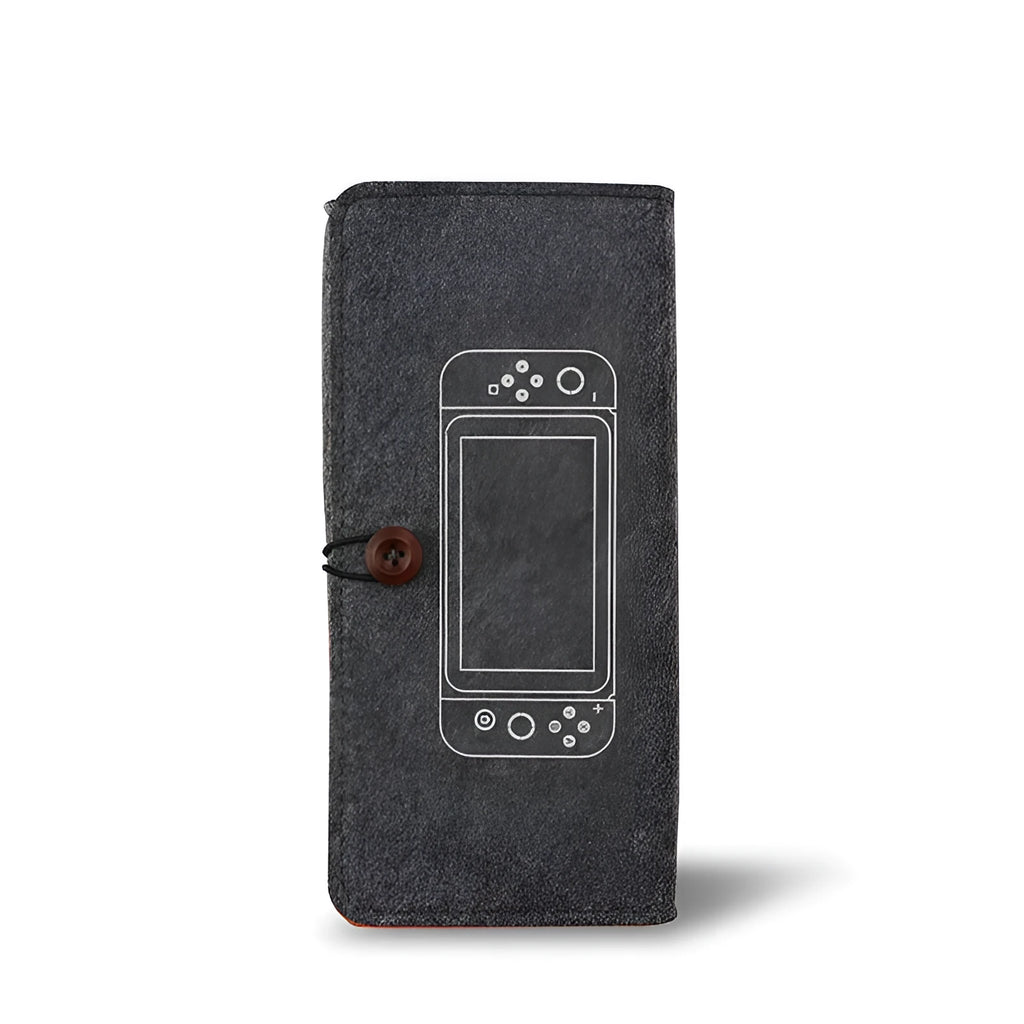 Black felt pouch case for Nintendo Switch showing game card slots and double-layer storage design