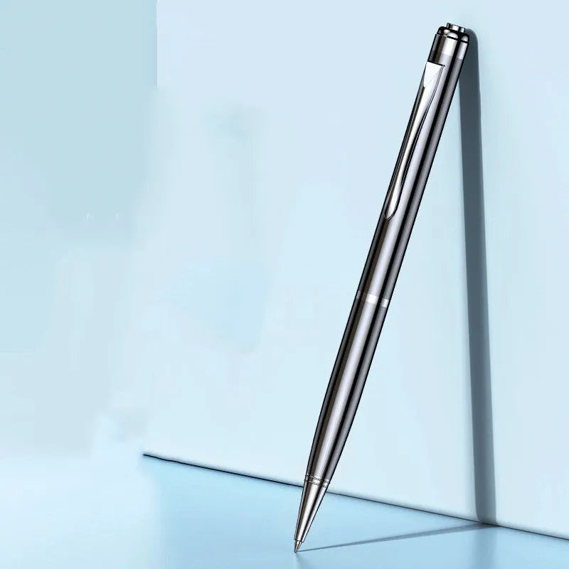 Black pen-shaped digital voice recorder with zinc alloy shell, shown with included headset and cable.