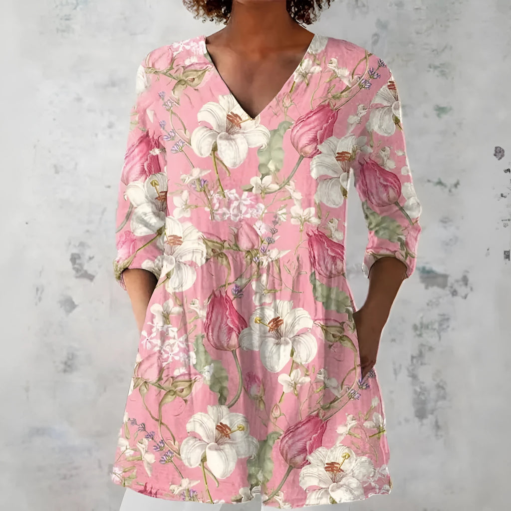 Women's retro slim fit long-sleeved top with a digital print pattern in a colour style variant.