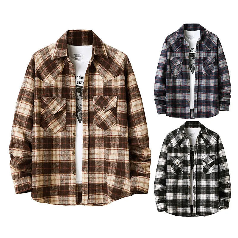 Men's long sleeve flannel plaid shirt jacket in black with corduroy lined cuffs and collar, soft brushed fabric