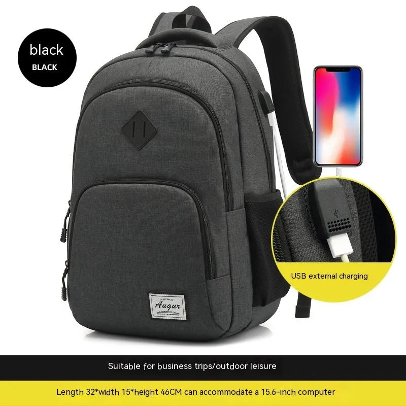 Grey lightweight backpack with USB charging port on strap and trolley sleeve.