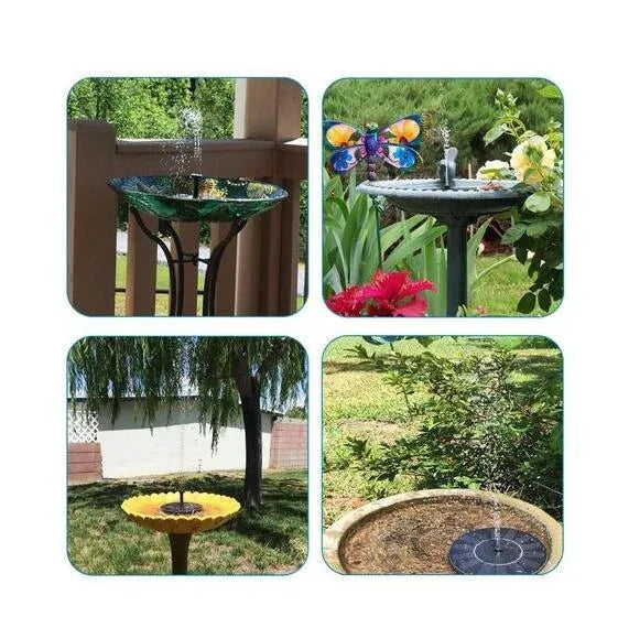 Black solar-powered water fountain pump with four spray nozzles on a 16x16cm base.