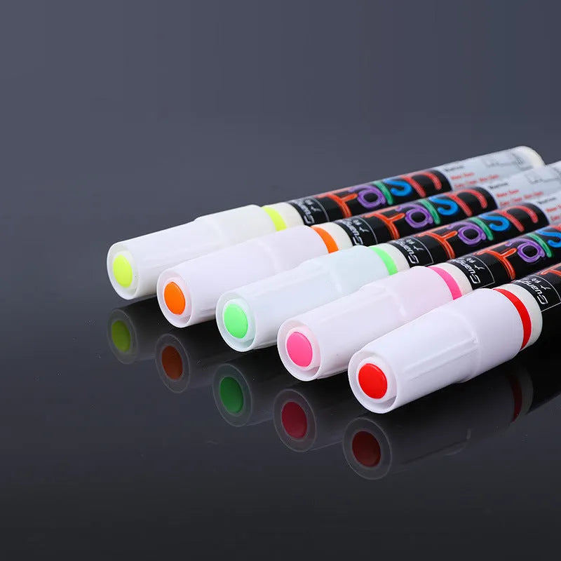 Electronic fluorescent plate highlighter pen with 6mm tip, plastic oblique body, shown with multi-colour refill set.